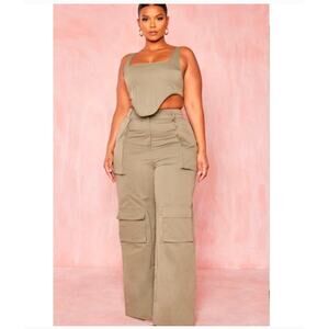 PLT Olive Green Structured Dip Hem Cargo Crop Corset Bustier Sz 14 Y2K Utility
